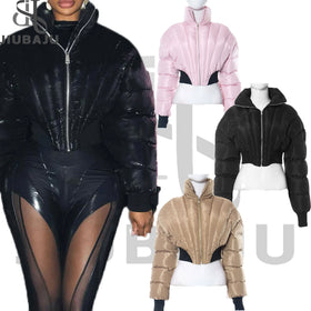 2023 Winter New Design Color Patchwork Crop Puffer Jacket Lady Fashion Keep Warm Women Bomber Jackets