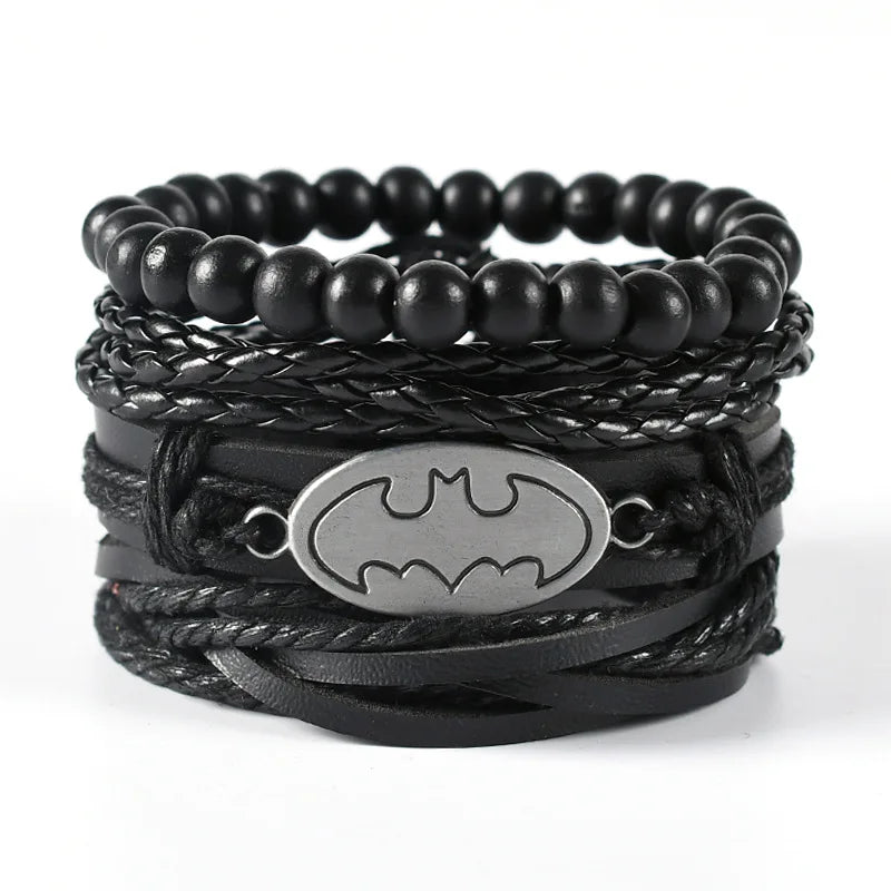 BINSHUO Manufacturers Wholesale Hip Hop Man Jewelry Retro Leather Pirate Punk Beaded Multi-layer Leather Woven Bracelet 4pcs/Set