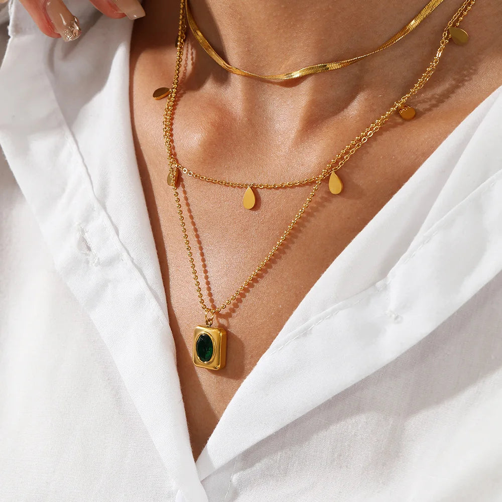French Retro Stackable Three Layers Water Drop Clavicle Chain Necklace Stainless Steel Multilayer Emerald Cz Square  Necklace