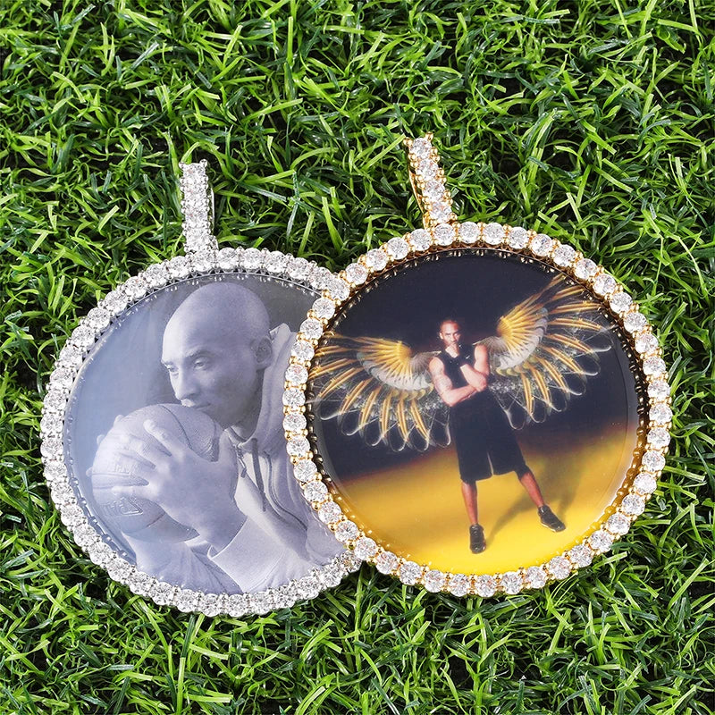 Hip Hop Jewelry Iced Out CZ Cubic Zirconia Medallions Round Customize Picture Pendent Big Circle Custom Photo Pendant Necklace