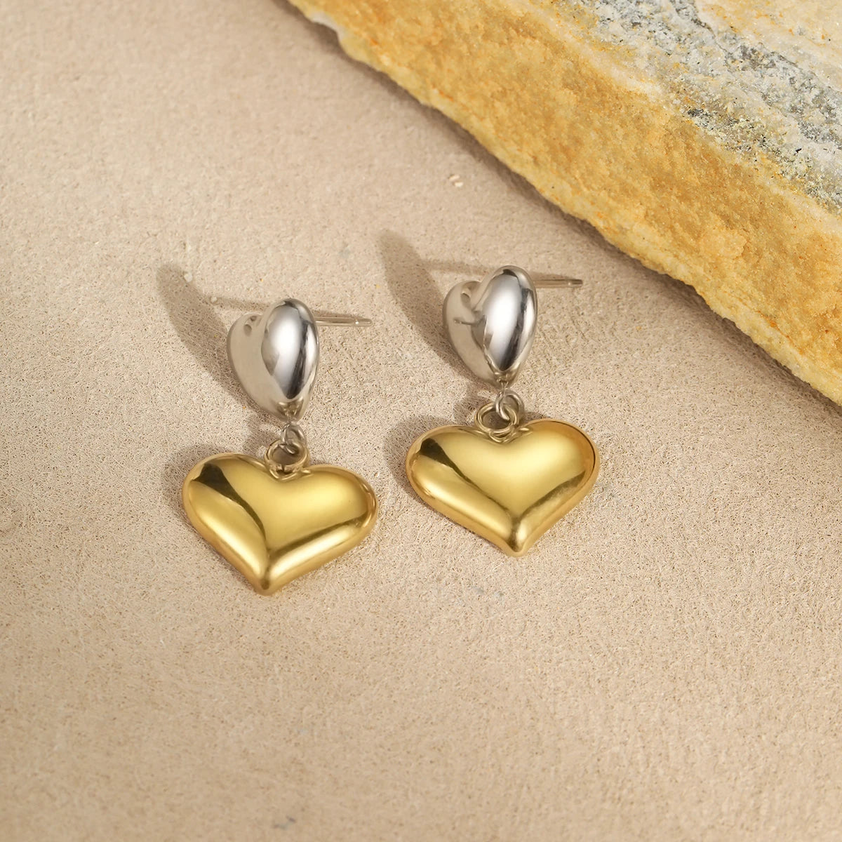 Elegant Two Tone Jewelry Silver Gold Heart Charm Drop Stainless Steel Heart Dangle Earrings Waterproof