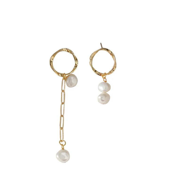 Trendy Gold Plated Metal Earrings Fashion Geometric Circle Chain Fresh Water Pearl Drop Earrings Jewelry for Women