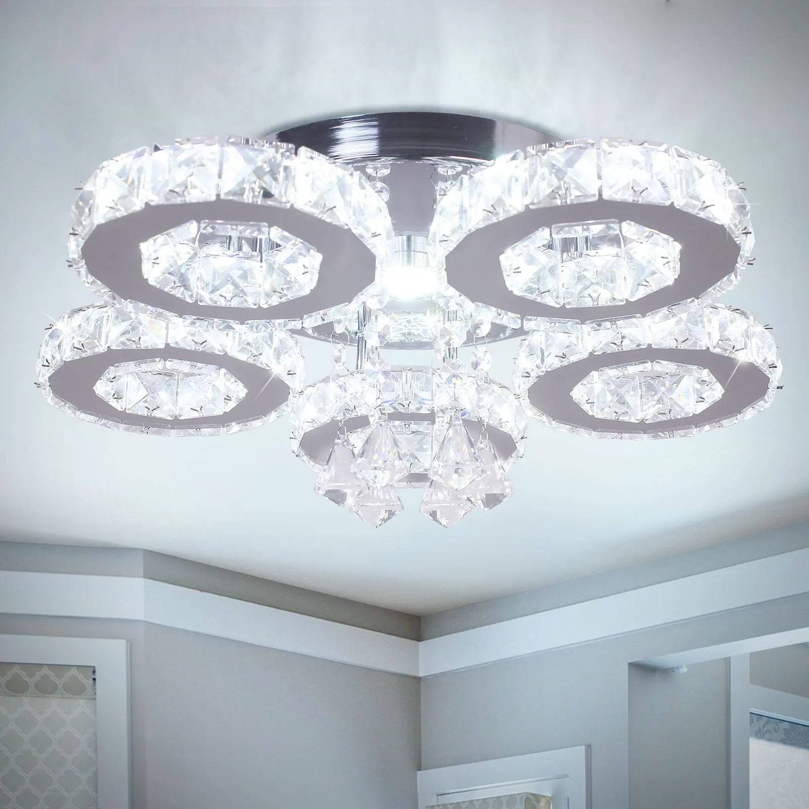 Modern Luxury 5-Ring LED Ceiling Light Stainless Steel Crystal Indoor Hotel Living Room Bedroom Stylish Pendant Chandelier