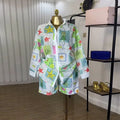 2025 Summer New Fashion European American Cross-border Women's Casual Printed Hollow Lar Long Sleeve Shirt Button Shorts Set