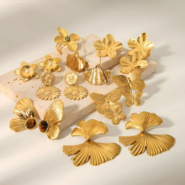 MC270 Wholesale Stainless Steel Vintage Leaf  Flower Butterfly Pearl Earrings Ring Set 18K Gold Plated Sunflower Ring for Women