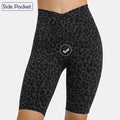 Wholesale Leopard and Solid Two Fabrics V Waist Short Pants Side Pocket Design Short Leggings Yoga Gym Fitness Biker Shorts