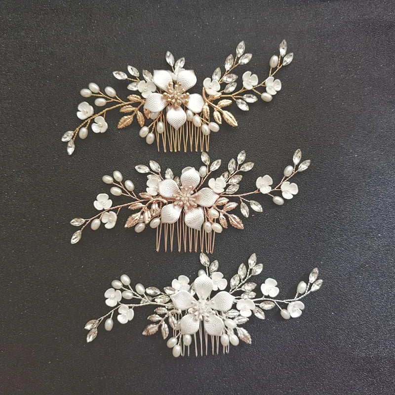 SLBRIDAL Handmade Rhinestones Crystals Pearls Flower Leaf Wedding Hair Comb Bridal Headpieces Hair Accessories Women Jewelry