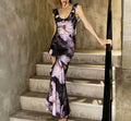 Enyami Summer Elegant Party Floral Printed Ruched V Neck Sundress Ladies Robe Sleeveless Backless Slip Women Dress