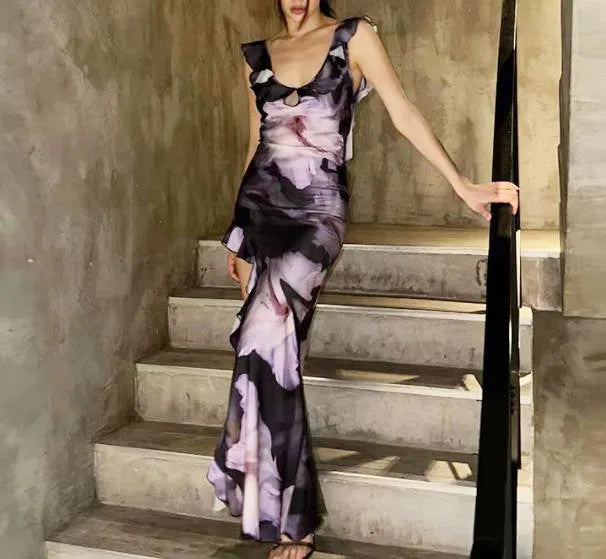 Enyami Summer Elegant Party Floral Printed Ruched V Neck Sundress Ladies Robe Sleeveless Backless Slip Women Dress