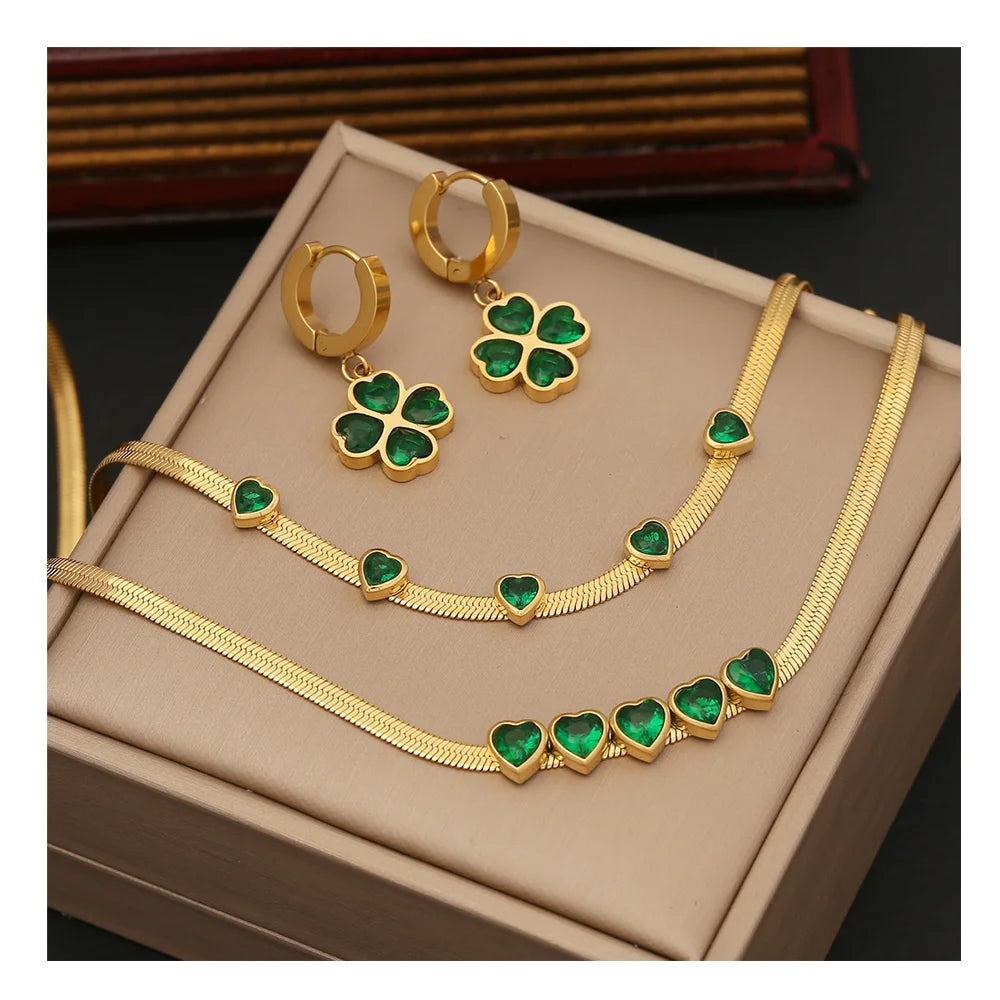 Wholesale Gold Plated Stainless Steel Emerald Zircon Heart Shape Necklace Green Gemstone Jewelry Set Women