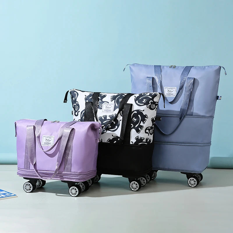 Women's Large Capacity Nylon Weekender Expansion Luggage Bag Double-Layer Dry Wet Separation Zipper Folding Travel Bag Wheels