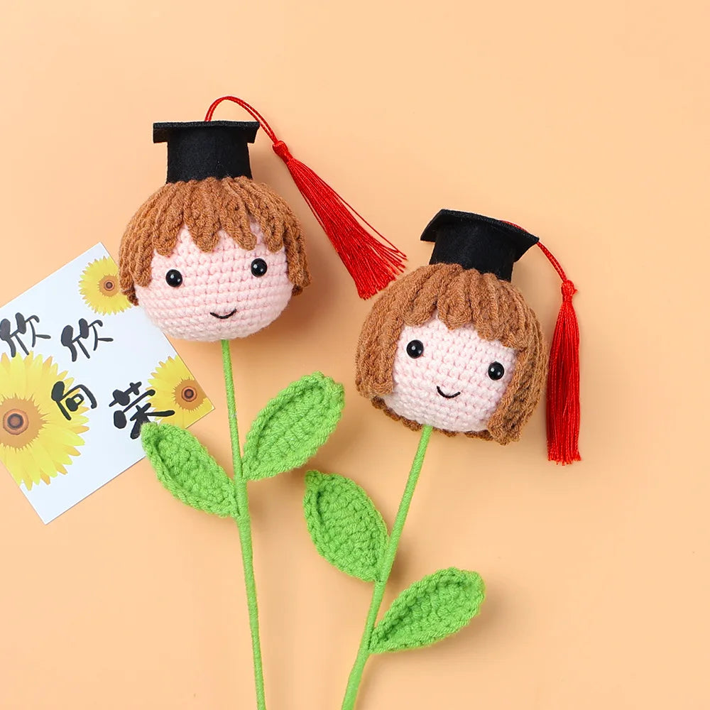 Creative Colorful Crochet Boy & Girl Graduates Branch with Leaves Wholesale Artificial Woolen Knitted Flower Ornament for Gift