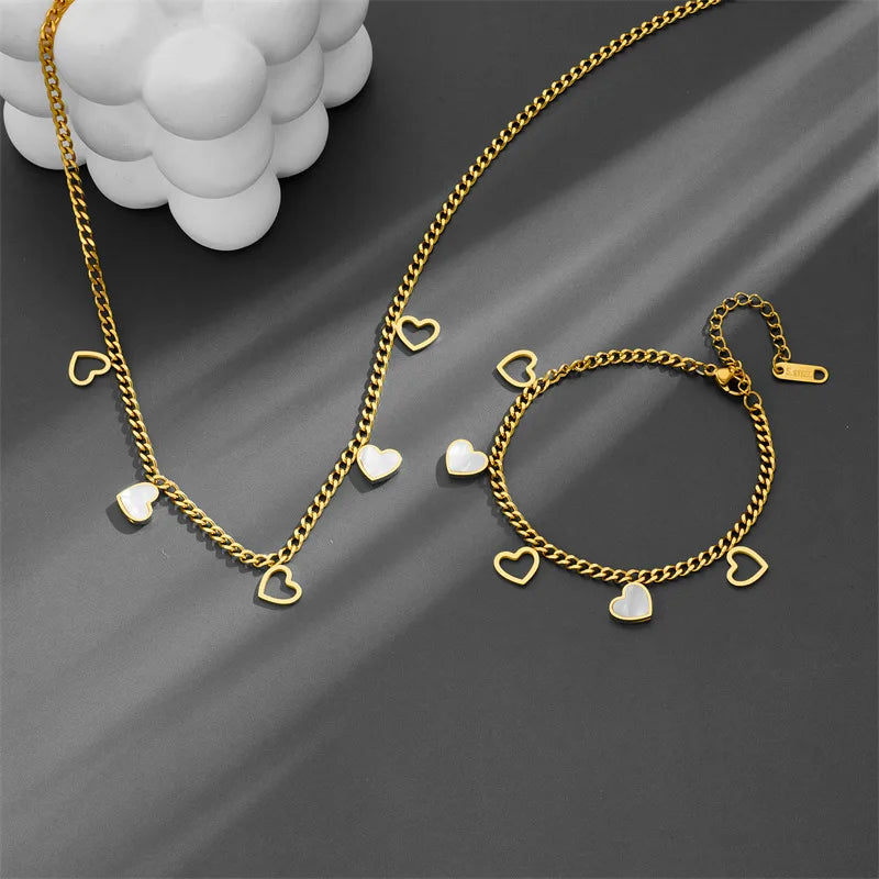 Real 18k Gold Plated White Shell Star Heart Pendant Butterfly Necklace Stainless Steel Set Quality Tarnish Free Clover Bracelet