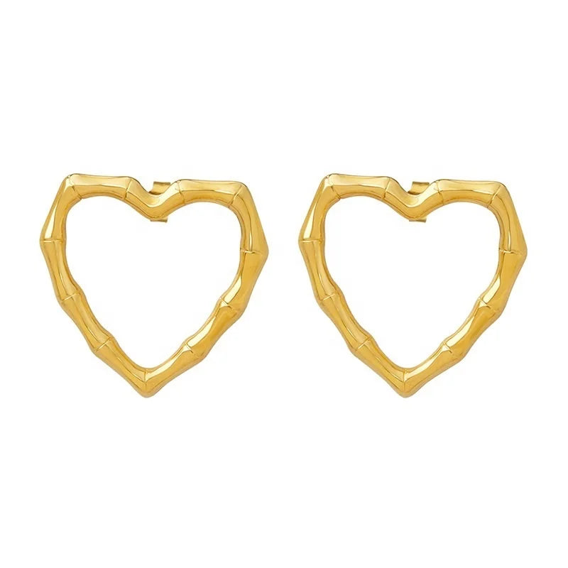 24*24.5mm Stainless Steel 18k Gold Plated Jewelry Bamboo Earrings Studs Hollow Heart Earrings Women