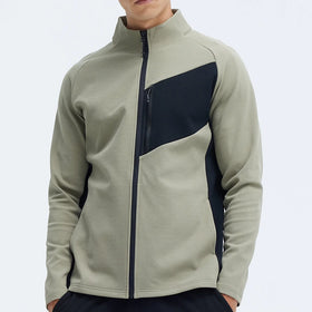Men Sweat Jacket Full Zip Stand Collar Front Pocket 100% Polyester Sport Jacket Putwear Jacket for Men Black