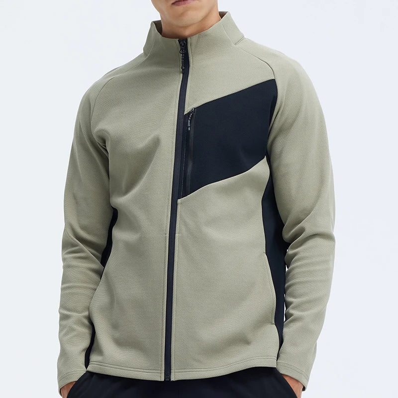 Men Sweat Jacket Full Zip Stand Collar Front Pocket 100% Polyester Sport Jacket Putwear Jacket for Men Black