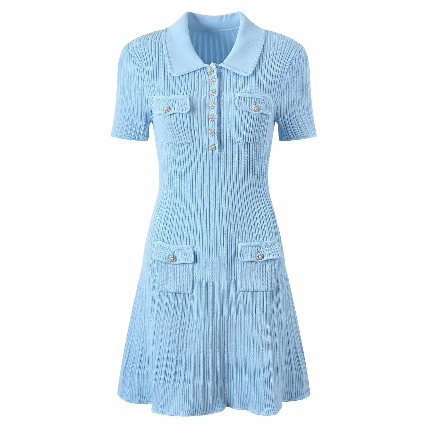 2024 Spring New Women's Exquisite Midi Knitted Dress Short-Sleeved Pit Striped Lapel Button Decoration Casual ODM Summer