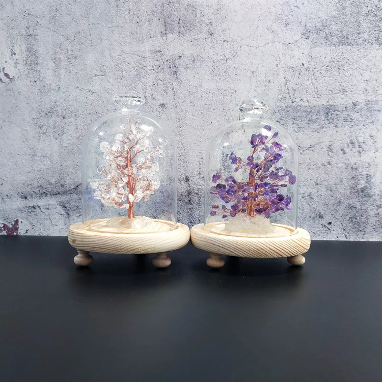 Lucky Crystal Tree with Glass Cover Natural Amethyst Rose Quartz Gravel Light Tree