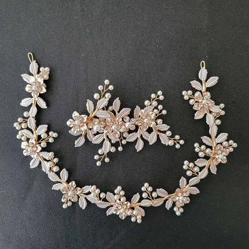 SLBRIDAL Handmade Alloy Flower Leaf Rhinestones Crystal Pearls Bridal Headband Hair Clip Barrettes Wedding Women Hair Jewelry