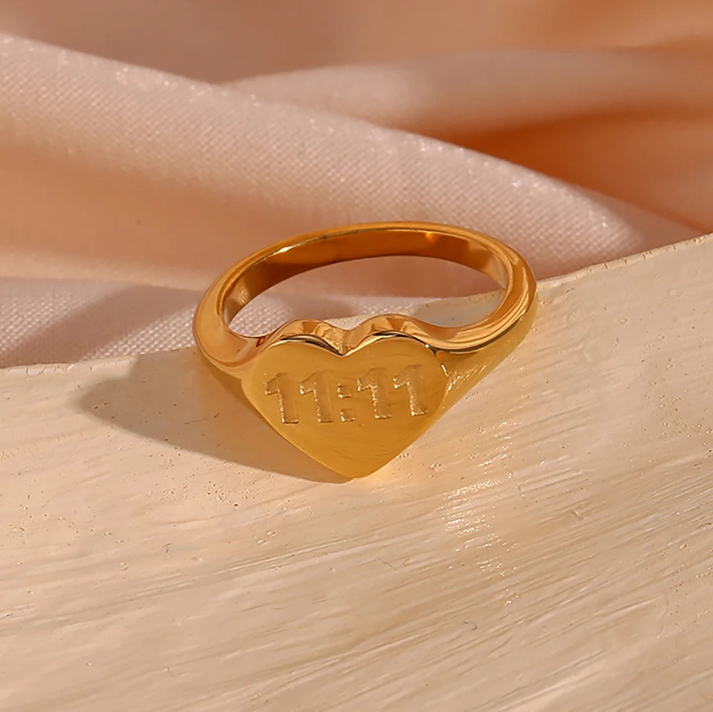 11:11 Ring Non Tarnished Jewelry Heart Shaped Ring Stainless Steel Angel Number Ring for Women