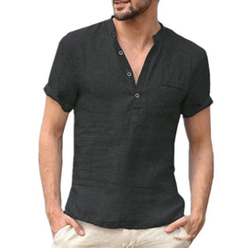 Summer New Men's Short-Sleeved Shirt Men Henley Neck Pocket Casual Beach Solid Color Male Tops T-shirts Vintage Streetwear