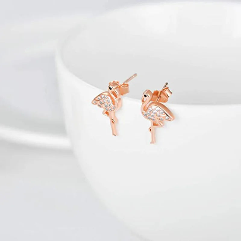 New Unique Design S925 Sterling Silver CZ Flamingo Stud Earrings for Women XDH1248