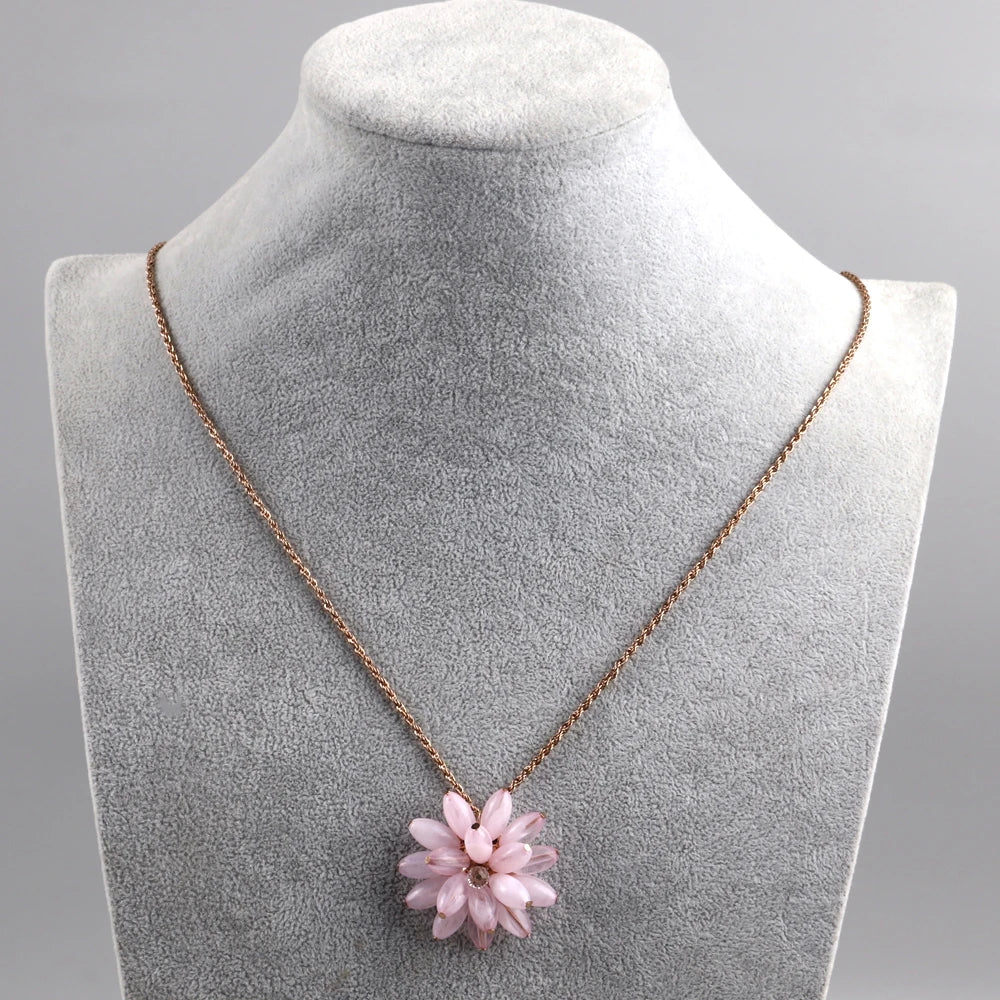 Romantic Pink Flowers Crystal Beads Simple Pendant Summer Long Rope Gold Alloy Chain Flower Necklace for Women