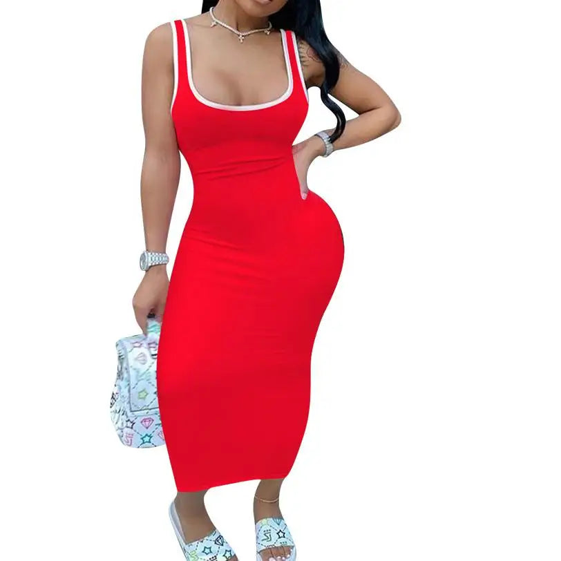Summer Solid Color Tank Top Sunress Long Maxi Dress Nightclub Dress