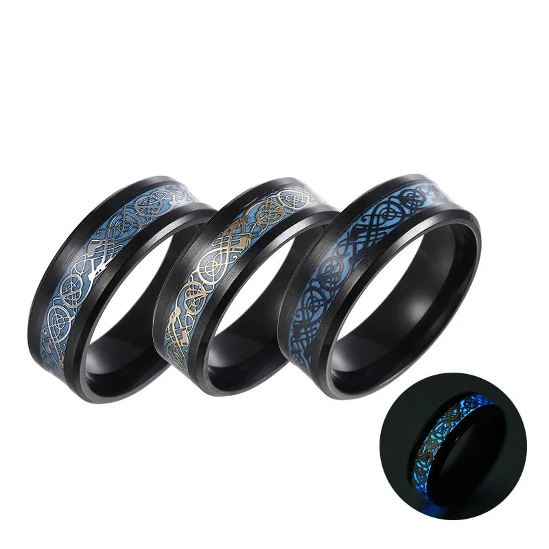 Fashion Anillos Luminosos Glow in the Dark Stainless Steel Carbon Fiber Black Fluorescent Luminous Dragon Ring for Men