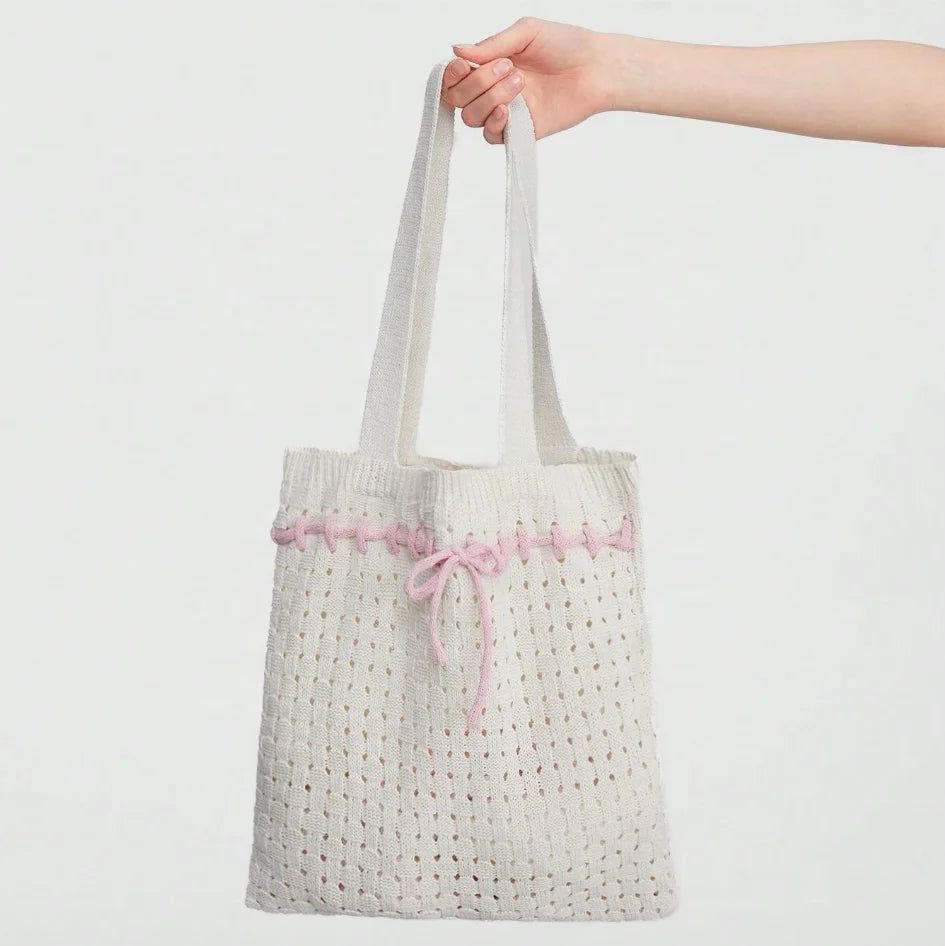 2024 Hot Sale Y2K Ballet for Pink Bows Design Girls Tote Bag Summer Open Closure Knitted Crochet Portable for Beach Winter