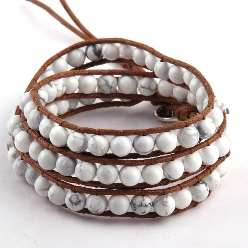 6mm Black Volcano Stone Beads Women Bracelet  3 Row Leather Bracelet White Howlite Stone Wrap Bracelet