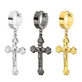 Fashion Stainless Steel Jesus Cross Dangle Huggie Hinged Hoop Earrings