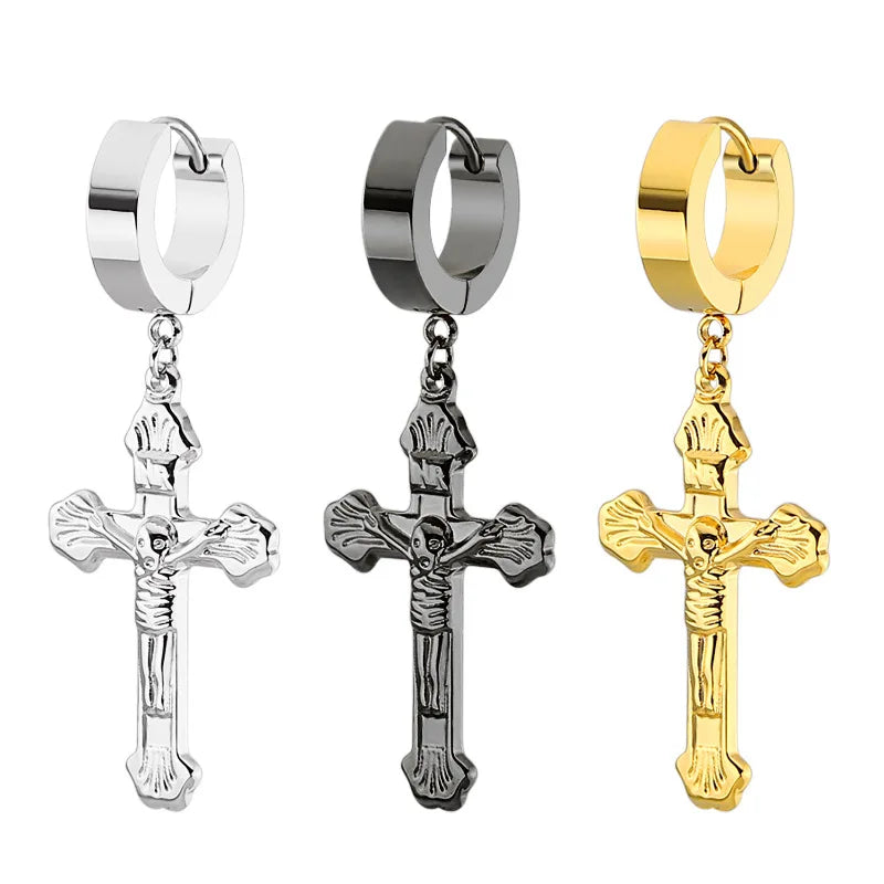Fashion Stainless Steel Jesus Cross Dangle Huggie Hinged Hoop Earrings