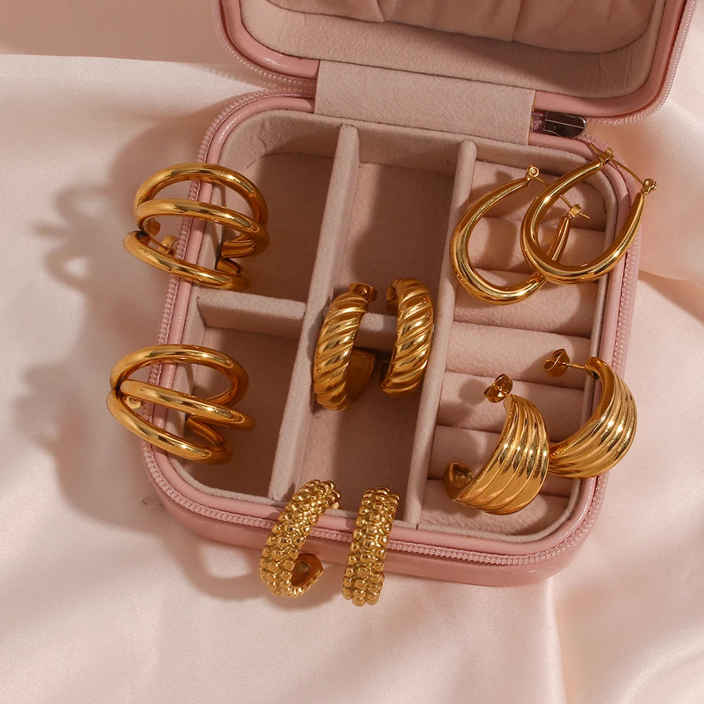 Luxury Fine Jewelry Non Tarnish Stainless Steel Earring 18K Gold Multi Layer Thick Hoop Earrings