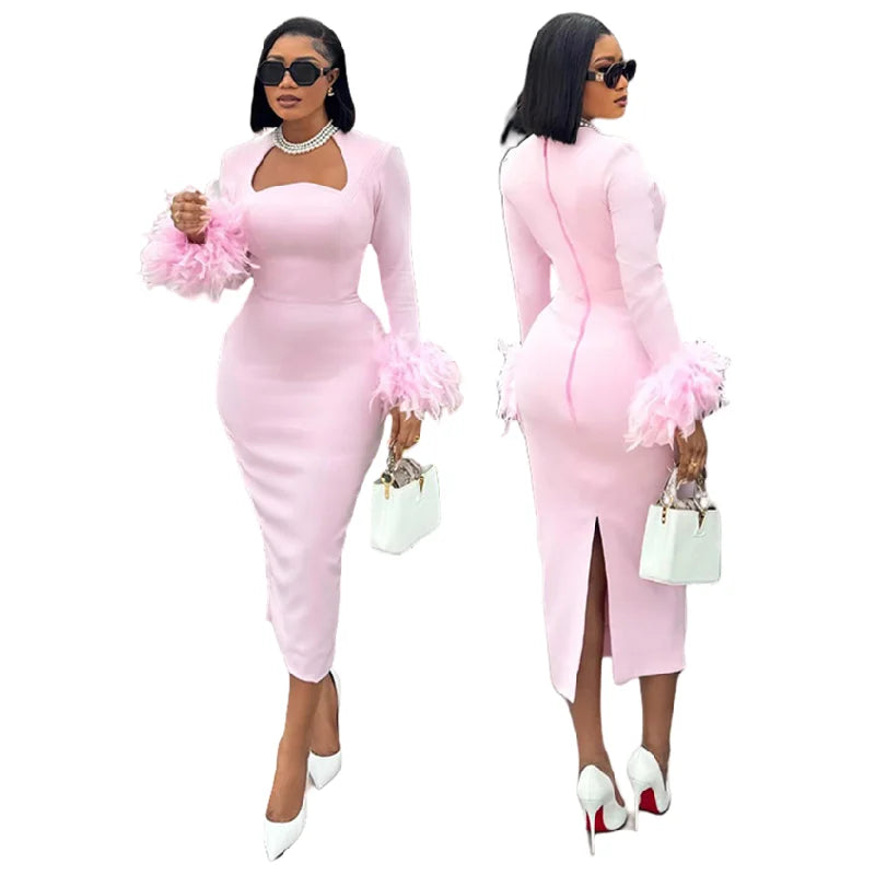 HK7652 Trendy Spring Dresses Women Casual Sweet Color Square Neck Long Sleeve Feather Decoration Slim Bodycon Girls Party Dress