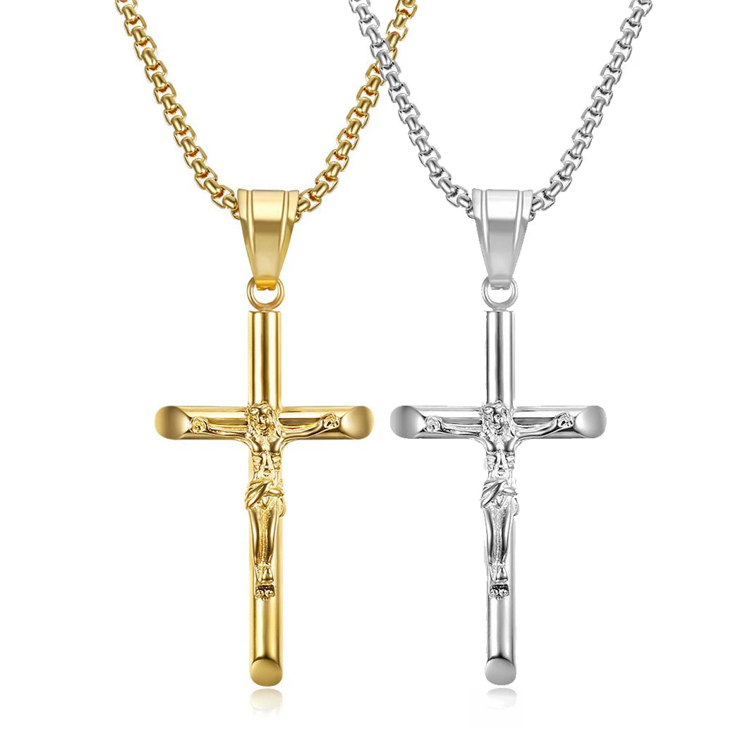 China Wholesale Minimalist Gold Silver Stainless Steel 18k Gold Plated Crucifix Christian Jesus Cross Pendant Necklace Chain