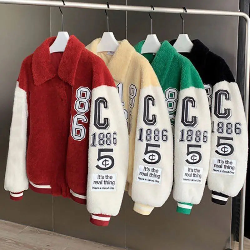 Men's Winter Street Style Red Fleece Varsity Jacket Letter Pattern Waterproof Breathable Reversible Eco-Friendly