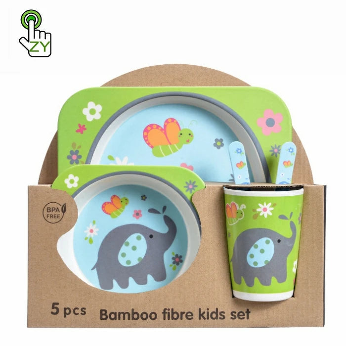 Eco Friendly Bamboo Fiber Dinnerware 5-piece Kids Set Manufactures Hot Selling Dining Set Children Tableware Bamboo Eating Kits