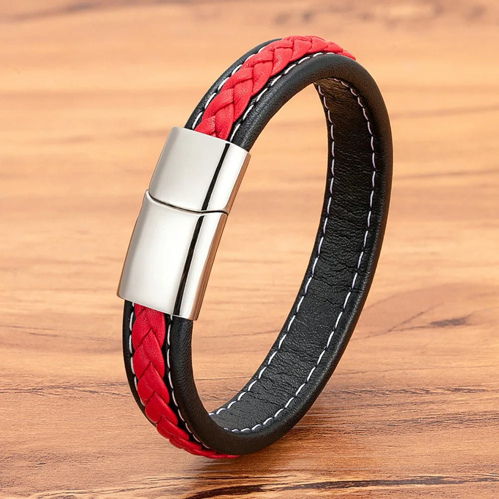 Multi Layer Black Red Braided Rope Stainless Steel Genuine Leather Bangles Unisex Jewelry Engraved Magnetic Clasp Trendy