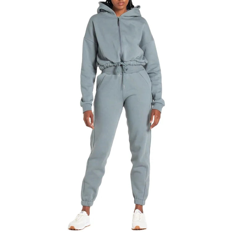 Super Soft Cotton Fleece Workout Adjustable Elastic Jacket Jogger Gym Tracksuits Set for Women