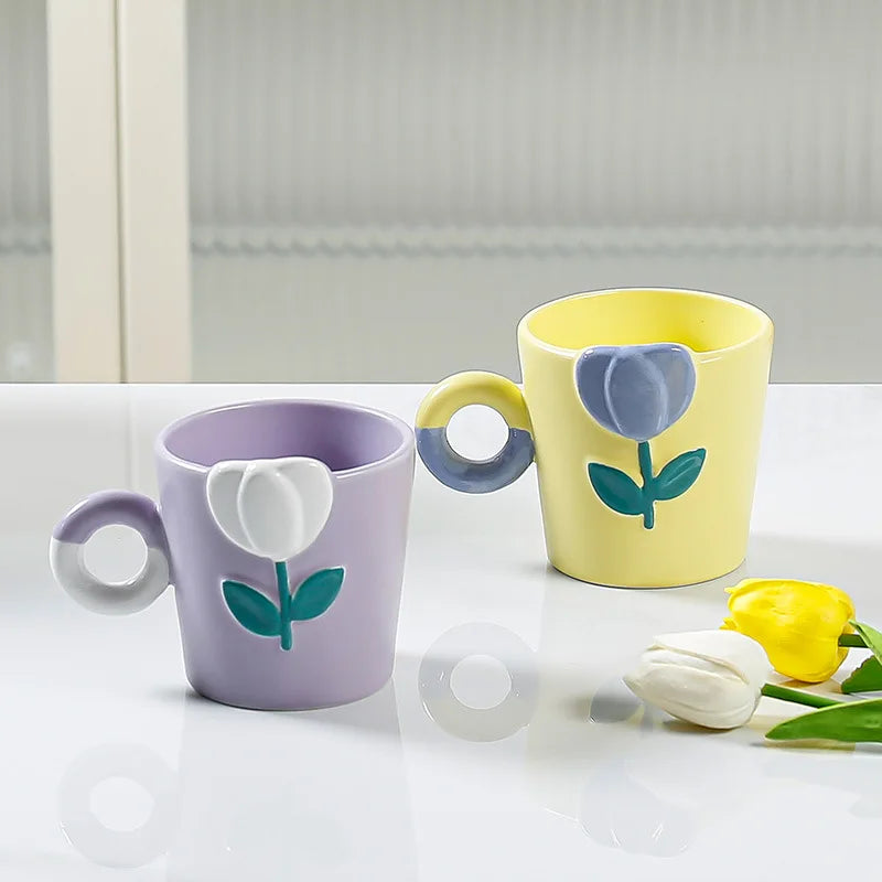 Hand Painted Tulip Coffee Mug Three Dimensional Relief Mug Ins Fashion Gifts Ceramic Drink Cup