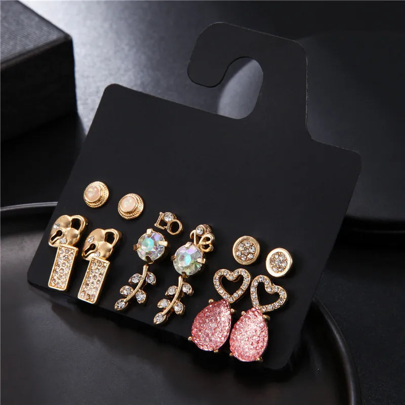 High Quality Heart Pink Diamond Letter Love Leaf Lock Geometry Fashion Earring Set
