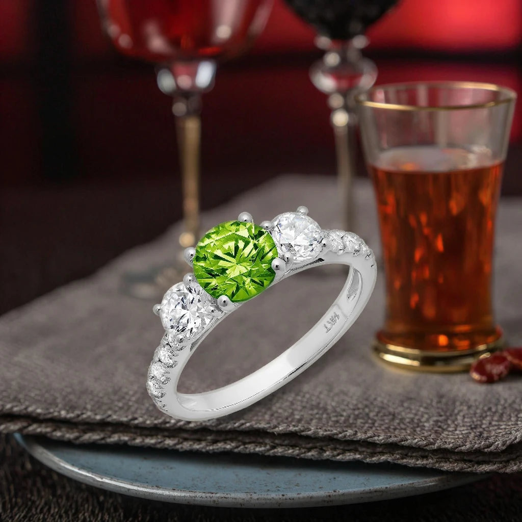 Brilliant Round Cut 3 Stone With Accent Designer Genuine Natural Green Peridot Gemstone Ideal VVS1 Wedding Engagement Ring