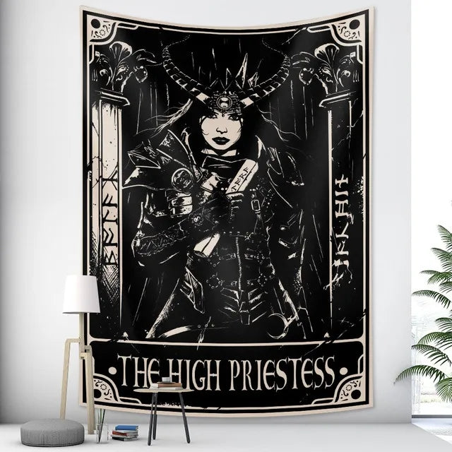 Black White Witch Tarot Card Pattern Blanket Tapestry Wall Hanging Witchcraft Psychedelic Decor