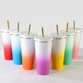 Portable Car Cups with Lid and Straw Gradient Color Stainless Steel Coffee Mug