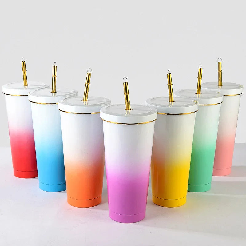 Portable Car Cups with Lid and Straw Gradient Color Stainless Steel Coffee Mug
