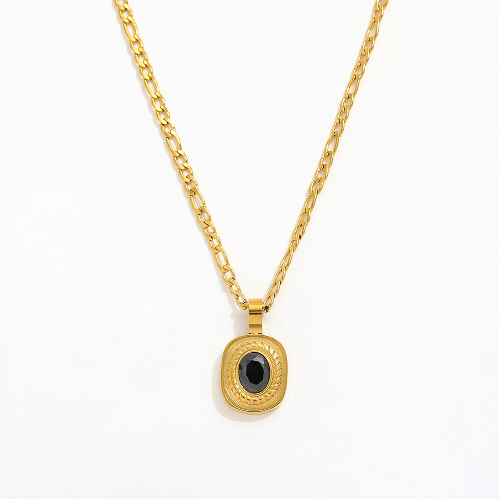 JOOLIM High End Stainless Steel Black Onyx Pendant Figaro Chain Necklace 18K Gold Plated Jewelry Wholesale