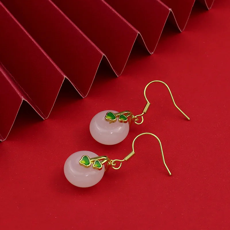 Chinese Style Classical Female Inlaid White Gemstone Imitation Jade Earrings Personality Pendant Earrings Hook Earrings