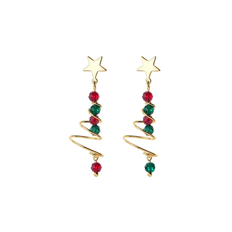 925 Sterling Silver Red Green Cz Christmas Tree Spiral Star Drop Earrings for Women Jewelry Gifts
