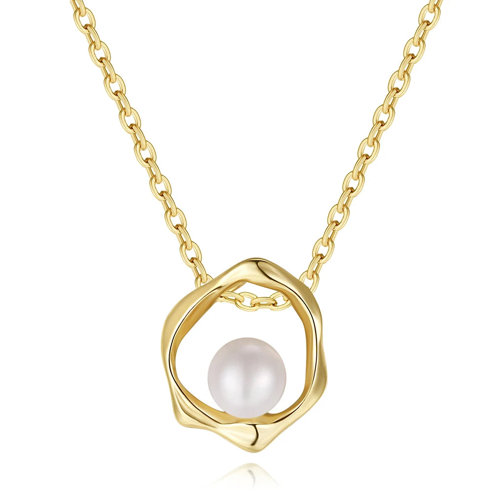 BGPN44 6mm Freshwater Cultured Pearl Irregular Circle Pendant Necklace for Women 925 Sterling Silver Glod Plated Costume Jewelry